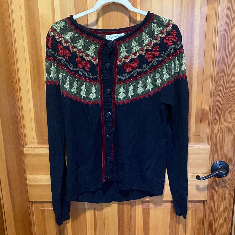 Coldwater Creek Christmas Black and Red Cardigan with Green and Gold Accents